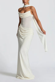 Liora Ruched Cowl Neck Sheer Mesh Waist Off Shoulder Scarf Maxi Dress