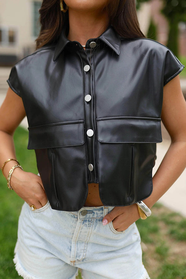 Fashion Faux Leather Pocket Sleeveless Cropped Jacket