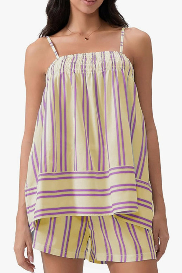 Striped Print Suspender Loose Pocket Top and Elastic Waist Casual Shorts Set