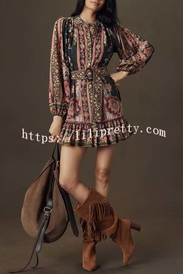 Brazilian Style Unique Floral Print Puff Sleeve Belted Pleated Hem Mini Dress