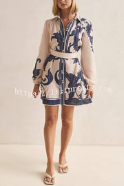 Botanical Print Lapel Puff Sleeve Vintage Belt Loose Mini Dress