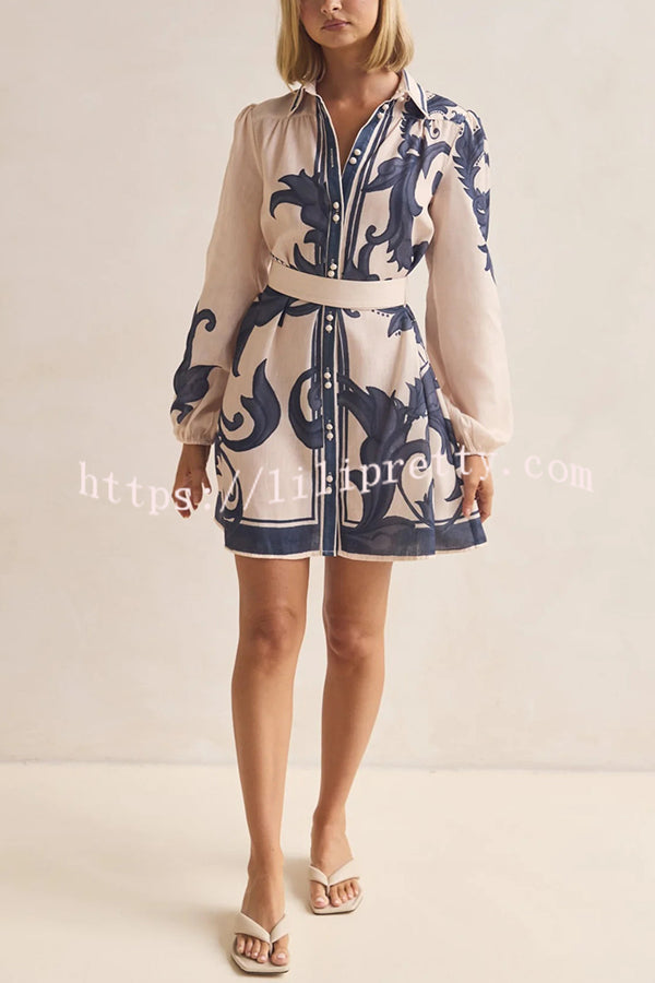 Botanical Print Lapel Puff Sleeve Vintage Belt Loose Mini Dress