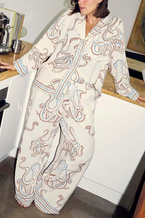Calm Seas Line Octopus Unique Print Loose Shirt and Elastic Waist Pocketed Pajama Set