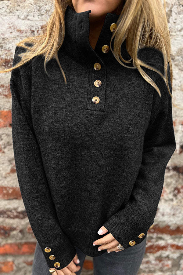 Solid Color High Collar Button Loose Long Sleeve Knitted Sweater