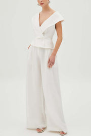 Velena Linen Blend Button Up Lapel Top and High Rise Pocket Wide Leg Pants Set