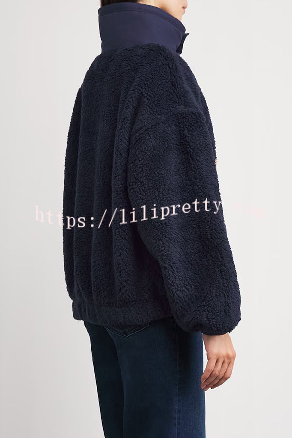 American Retro Polo Bear Pattern Stand Button Neck Long Sleeve Fleece Pullover