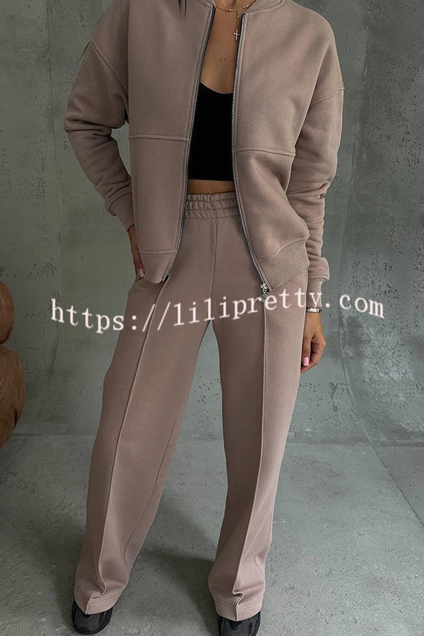 Solid Color Casual Long Sleeve Zipper Jacket and Elastic Waist Pocket Wide Leg Pants Set