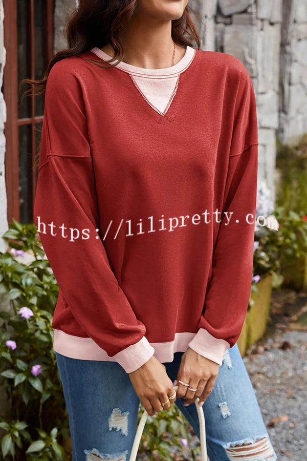 Fashionable Contrasting Color Loose Long-sleeved Casual Sweatshirt