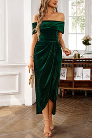 Solid Color Velvet Off-shoulder Slim-fit Elegant Slit Midi Dress