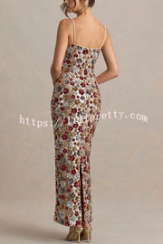 The Center of Attention Floral Print Sequin Square Neck Slip Stretch Maxi Dress