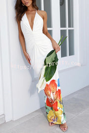 Floral Print Sexy Halterneck Open Back Pleated Slim Maxi Dress