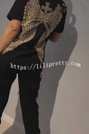 Stylish Tiger Print Short Sleeve Crew Neck Top and Elastic Waist Pocket Pants Set