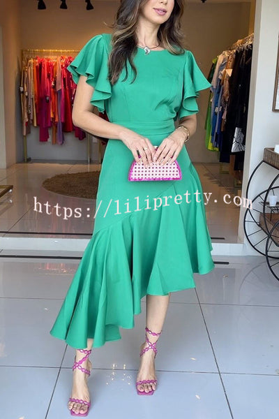 Lilipretty® Beloved Bliss Ruffle Sleeve Bias Cut Hem Formal Midi Dress