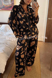 Golden Night Unique Print Color-block Trim Loose Shirt and Elastic Waist Pocketed Pajama Set