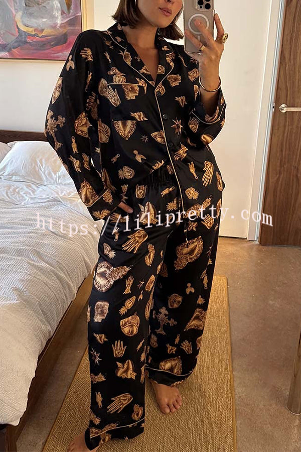 Golden Night Unique Print Color-block Trim Loose Shirt and Elastic Waist Pocketed Pajama Set
