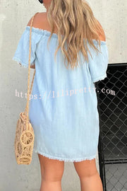 Fashionable Off Shoulder Short-sleeved Loose Denim Mini Dress