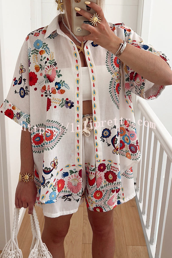 Linen Blend Floral Print Short Sleeve Loose Shirt and Elastic Waist Tie Casual Shorts Set