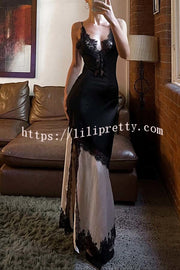Soft and Romantic Satin Lace Trim Colorblock V-neck Side Slit Maxi Dress