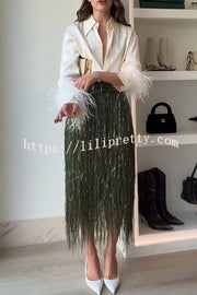 Party Crasher Feather Trim Long Sleeve Button Up Loose Blouse