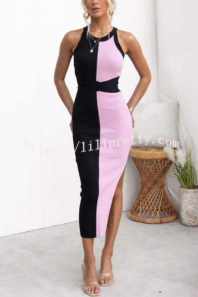 Serene Ribbed Knit Colorblock Back Tie-up Slit Stretch Midi Dress