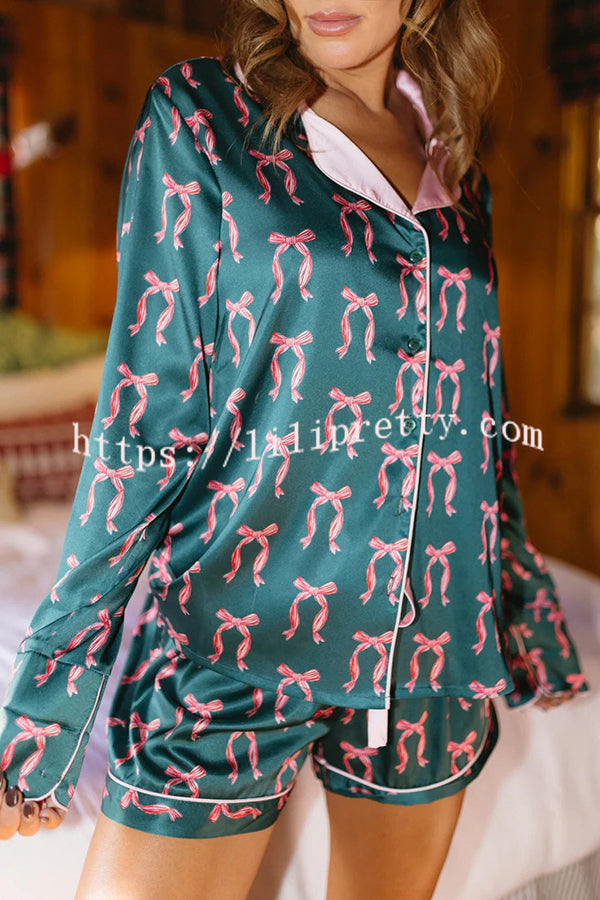 Satin Unique Print Casual Long Sleeve Shirt and Elastic Waist Loose Shorts Set