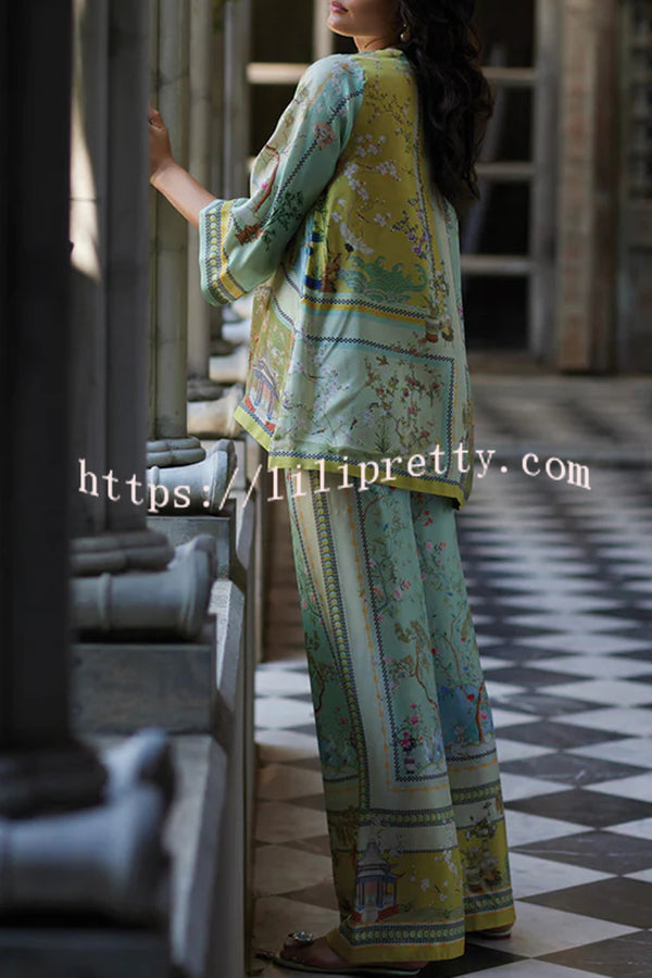 Elonie Satin Floral Print V-neck Half Sleeve Top and Elastic Waist Wide Leg Pants Set