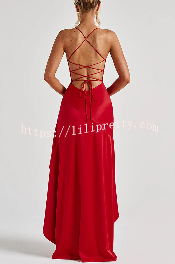 Solid Color Sexy Backless Lace-up Irregular Ruffled Maxi Dress