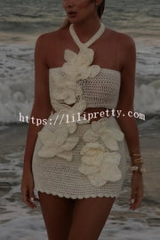 Mermaid Song Crochet Knit Three Dimensional Halterneck Cutout Stretch Mini Dress