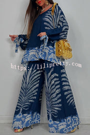 Unique Print Loose Drawstring Long Sleeve Top and Elastic Waist Casual Pocket Wide Leg Pants Set