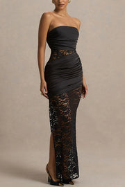 Dulcie Lace and Satin Patchwork Asymmetrical Pleats Bandeau Maxi Dress