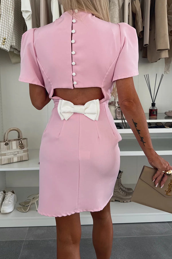 Unique and Romantic Slit Short Sleeve Backless Removable Satin Bow Mini Dress