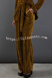 Solid Color Velvet Long-sleeved Waist Tie Top and Elastic Waist Casual Pocket Straight-leg Pants Set