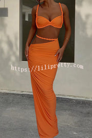 Sexy Halter Back Braided Suspender Top and Beach Holiday Style Hip-wrapped Maxi Skirt Set