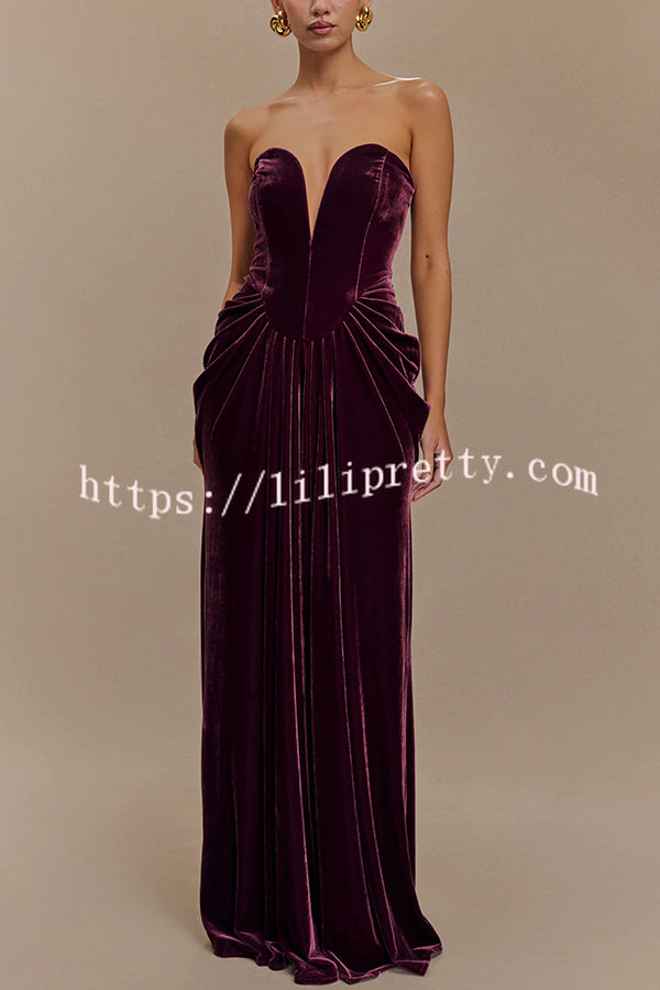 Paige Velvet Off Shoulder Side Pleated Hip Drape Maxi Dress