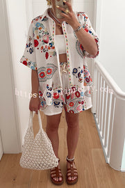 Linen Blend Floral Print Short Sleeve Loose Shirt and Elastic Waist Tie Casual Shorts Set