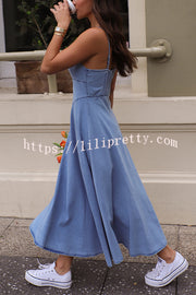 Solid Color Sleeveless Suspender Pleated Back Faux Denim Midi Dress