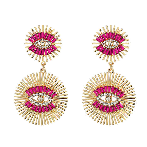 LIlipretty Exaggerated Devil Eye Design Earrings with Pink Rhinestones