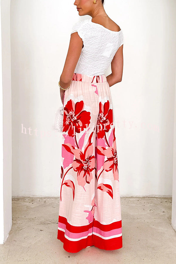 Floral Print Elastic Waist Casual Wide Leg Pants