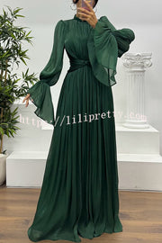 Ellah Shiny Fabric Chinese Stand Collar Twist Waist Balloon Sleeve Maxi Dress