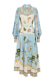 Ocean Print Lapel Button Waist Tie Resort Maxi Dress