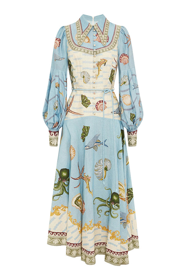 Ocean Print Lapel Button Waist Tie Resort Maxi Dress