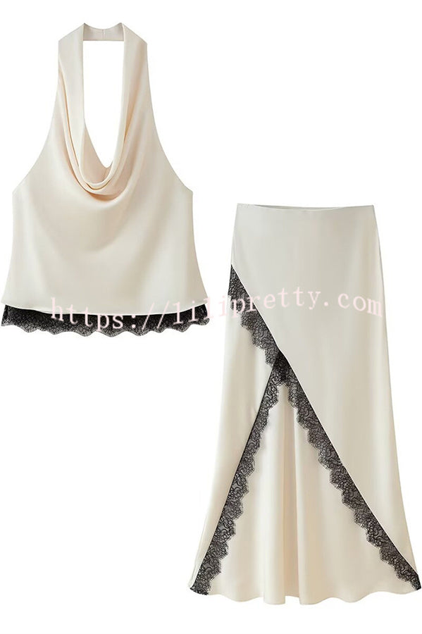 Iriena Satin Lace Trim Cowl Halter Neck Tank and Mid Rise Midi Skirt Set