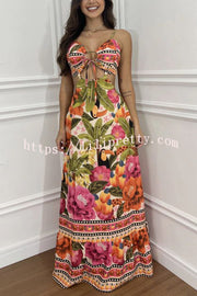 Lilipretty® Mexico Style Tropical Print Ring Cutout Lace-up Vacation Maxi Dress