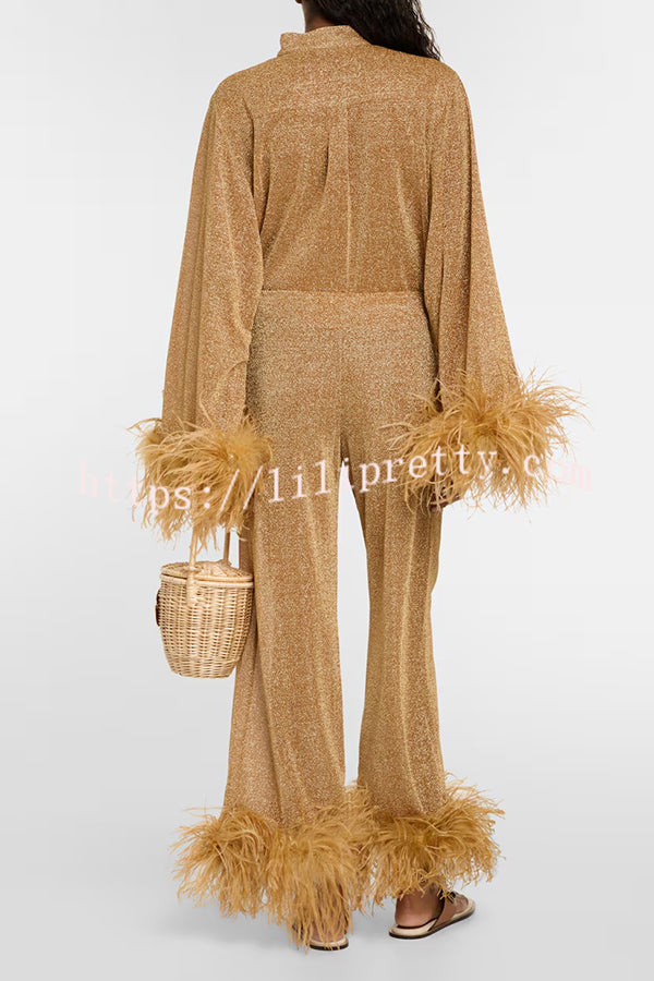 Glitter Fabric Feather Trim Long Sleeve Button Top and Elastic Waist Loose Straight Pants Set