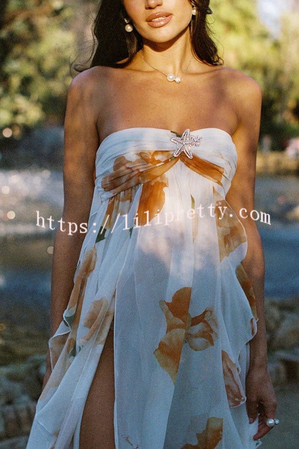 Mariah Floral Print Starfish Brooch Inverted Halter Neck Slit Ruffles Maxi Dress
