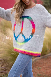 Lilipretty Love and Peace Knit Rainbow Pattern Loose Pullover Sweatershirt