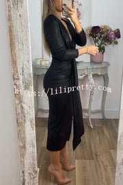 Shiny Lady Metallic Fabric Padded Long Sleeve Tie-up Ruched Midi Dress