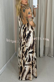 Leopard Print Sexy Halter Neck Backless Loose Maxi Dress