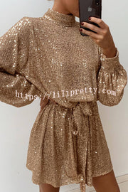 Fashionable Sequined Long-sleeved Belted Casual Mini Dress