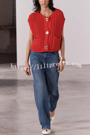 Solid Color Sleeveless Pocket Knitted Vest